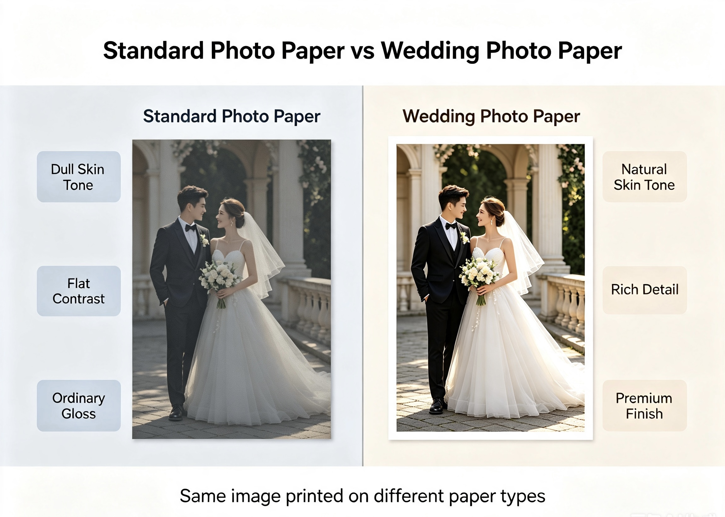 RC photo paper vs ordinary photo paper color comparison for wedding photo printing