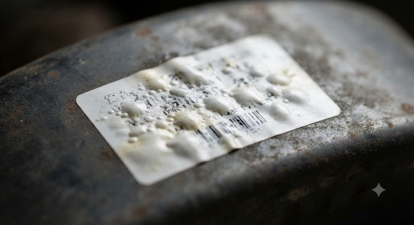 Macro photograph of a white paper label adhered to a weathered, dark metallic surface, showing severe moisture damage. The label is covered in raised, irregular blisters and bubbles caused by trapped water under th