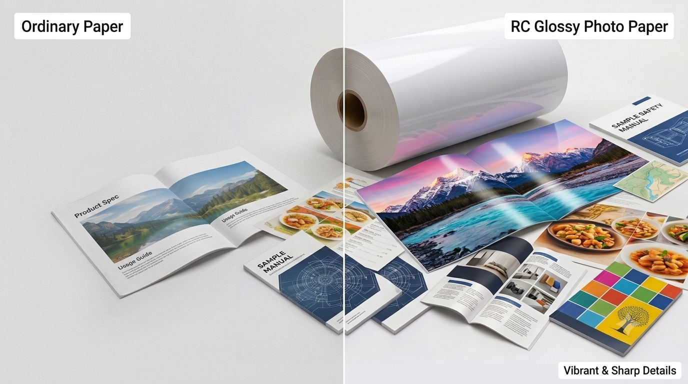 Color comparison between dull Ordinary Paper and vibrant RC Glossy Photo Paper, showing sharp details and rich colors..png