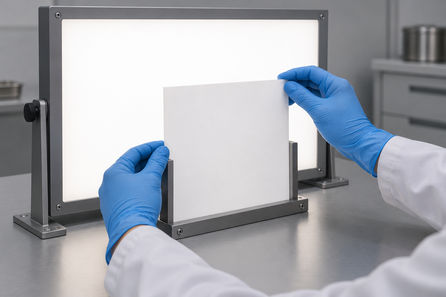 Technician positioning a white-faced synthetic sample in front of a diffuse backlight panel